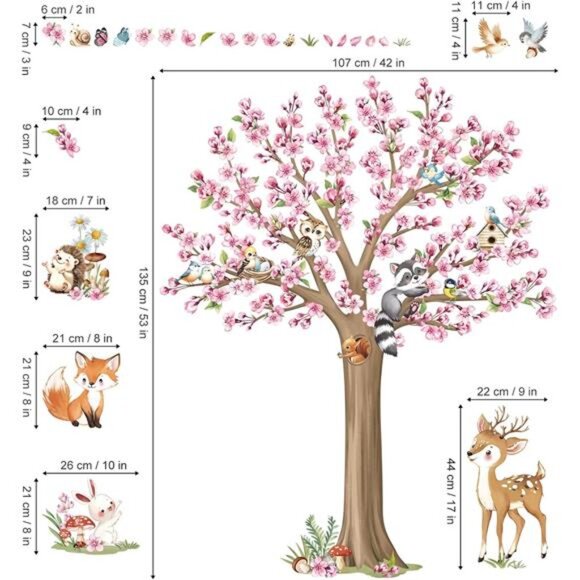 woodland animals wall decals cherry blossom tree nursery kids room wall stickers - Picture 4 of 7